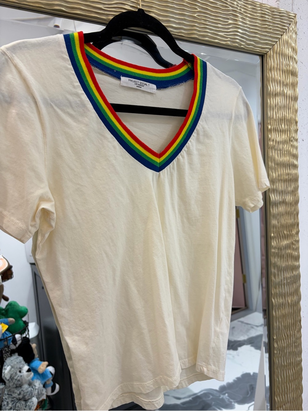 Project Social T Cream Short Sleeve Tee with Rainbow V-Neck